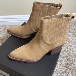 J Crew Chelsea High-Heel Cowboy Boots in Caramel Suede
